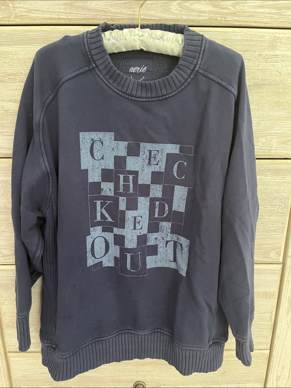 aerie Navy Graphic Checkerboard Crewneck Sweatshirt